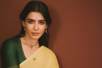 Samantha Ruth Prabhu wearing yellow kasavu saree with minimal makeup and traditional jewellery