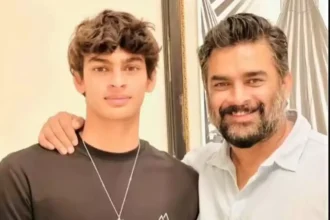 R Madhavan with son Vedaant Madhavan discussing family support and swimming achievements