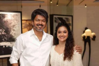 Keerthy Suresh and Thalapathy Vijay during a public event as fans react to her birthday tribute