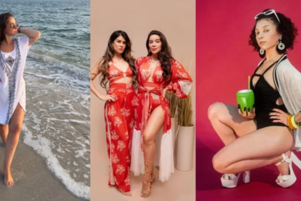 Women wearing stylish swimsuits and beachwear during a seaside vacation