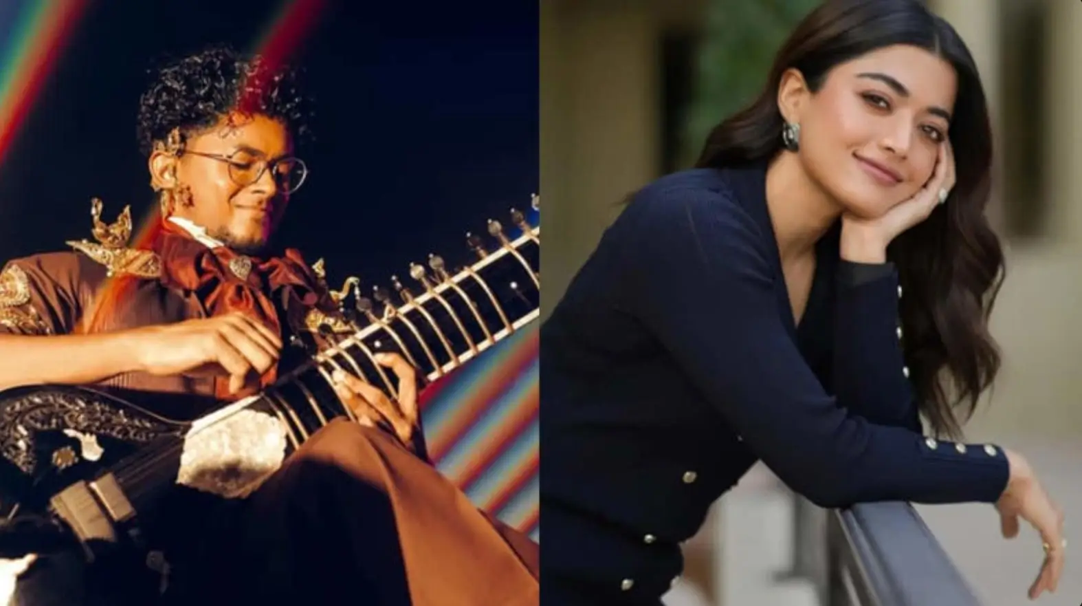 Rashmika Mandanna with sitarist Swayam Siddha Priyadarshi during Crocs India campaign shoot blending music and modern visuals