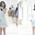 aespa member Karina wearing a white dress at the airport before changing into a casual travel look