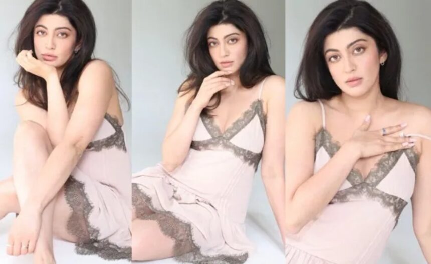 Pranitha Subhash stuns in a peach sleeveless mini dress during a glamorous photoshoot