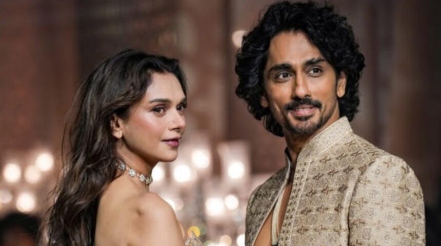Aditi Rao Hydari and Siddharth walking the runway in coordinated couture outfits for Jayanti Reddy at India Couture Week 2026.