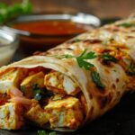 Homemade paneer wrap made with whole wheat roti, spiced paneer, fresh vegetables, and yogurt sauce.