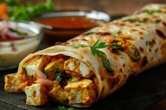 Homemade paneer wrap made with whole wheat roti, spiced paneer, fresh vegetables, and yogurt sauce.