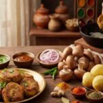 Crispy homemade Mushroom Aloo Chaap served with mint chutney and tomato ketchup on a wooden platter.
