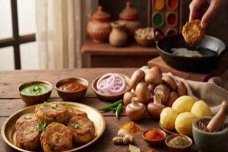 Crispy homemade Mushroom Aloo Chaap served with mint chutney and tomato ketchup on a wooden platter.