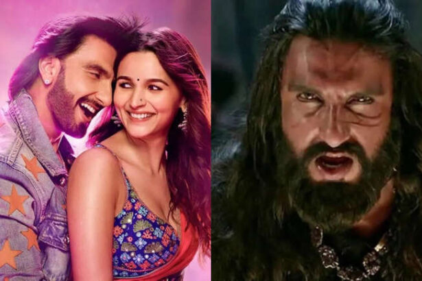 Ranveer Singh celebrating his birthday alongside posters of his biggest box office films