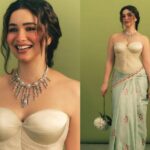 Sara Tendulkar Gives the Banarasi Saree a Modern Update With an Ivory Corset Blouse 17 Sara Tendulkar wearing an ivory corset blouse with a pastel green Banarasi saree