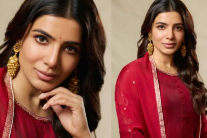 Samantha Ruth Prabhu wearing a maroon ethnic maternity anarkali look