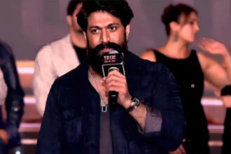 Yash addresses students at the Toxic promotional event in Hyderabad
