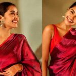 Anupama Parameswaran wearing a silk tissue saree with statement jhumkas.