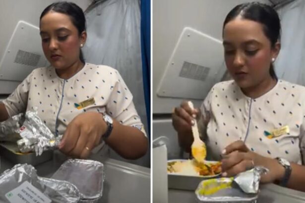 Cabin crew member Samruddhi shows her meal break during a flight at 25,000 feet