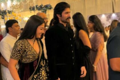 Rashmika Mandanna in wine and bottle-green Anarkali with Vijay Deverakonda