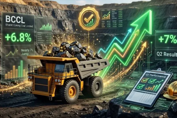Coal stockpiles and mining equipment at an open-cast mine