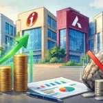 Illustration of bank buildings beside quarterly financial statements