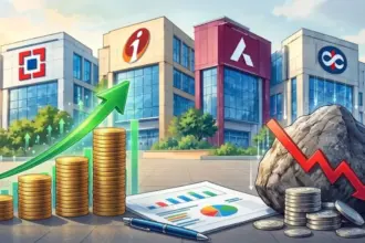 Illustration of bank buildings beside quarterly financial statements