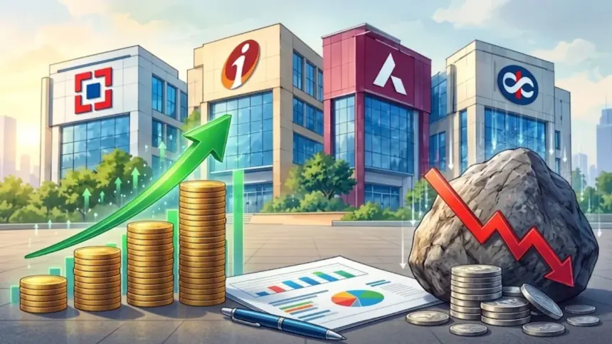 Illustration of bank buildings beside quarterly financial statements