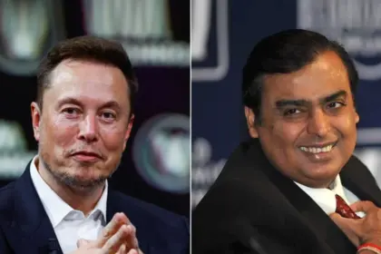 Elon Musk and Mukesh Ambani in a report about Starlink and Jio competition in India