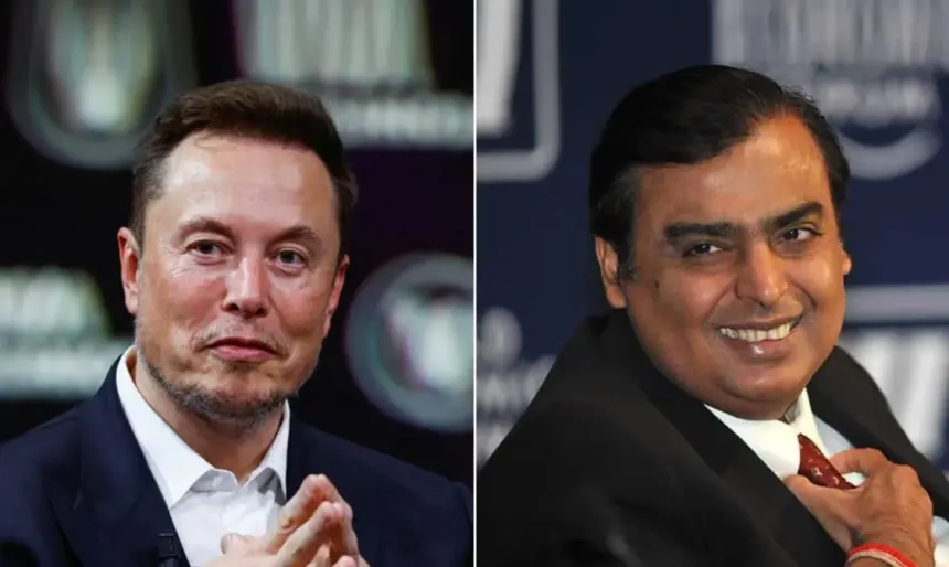Elon Musk and Mukesh Ambani in a report about Starlink and Jio competition in India