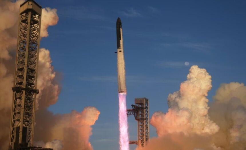 SpaceX Starship rocket at a launch site as the company expands its aerospace and AI ambitions.